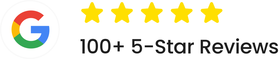 Google 5-star rating badge with five yellow stars and “100+ 5-star reviews” text, representing high customer satisfaction and positive feedback.